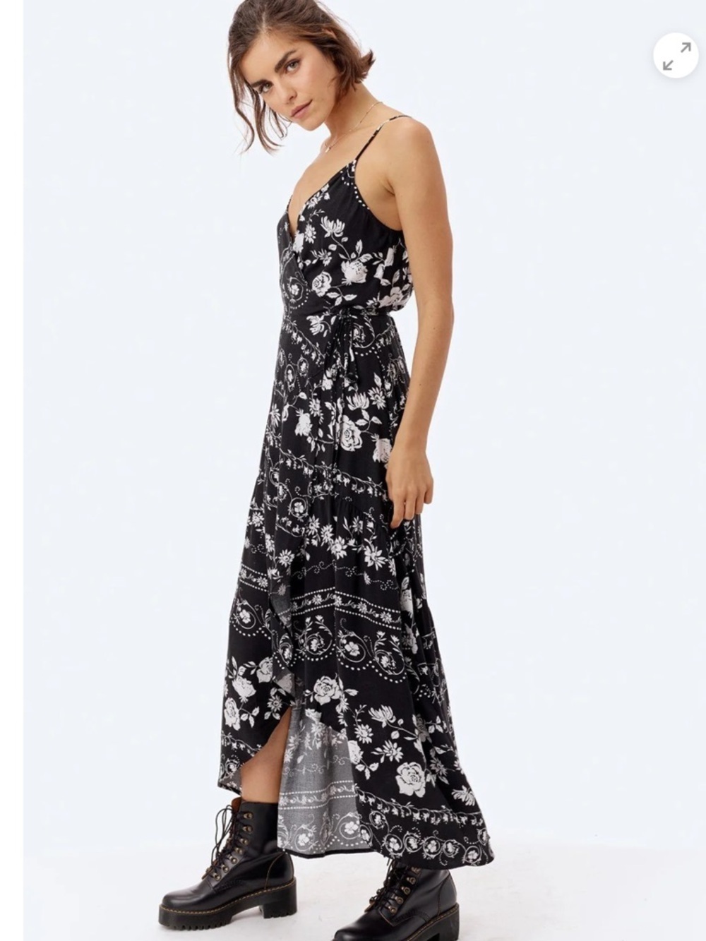 Lovestitch Black & White Floral Maxi Wrap Dress with Spaghetti Straps - Picture 3 of 10